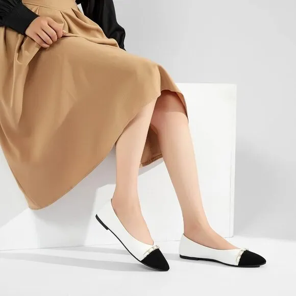 Babudog Flat Shoes Women White Faux Leather Crimping  Suede Pointed-Toe Shoes