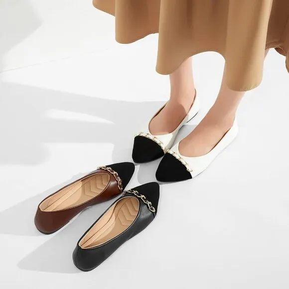 Babudog Flat Shoes Women White Faux Leather Crimping  Suede Pointed-Toe Shoes
