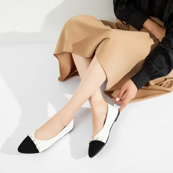 Babudog Flat Shoes Women White Faux Leather Crimping  Suede Pointed-Toe Shoes