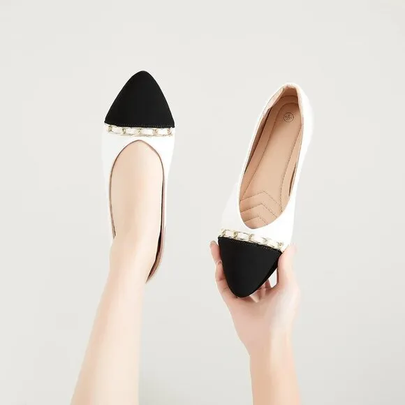 Babudog Flat Shoes Women White Faux Leather Crimping  Suede Pointed-Toe Shoes