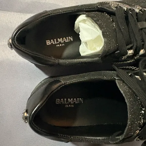 Balmain Black Leather and SequinsLace Up Sneakers Size 41