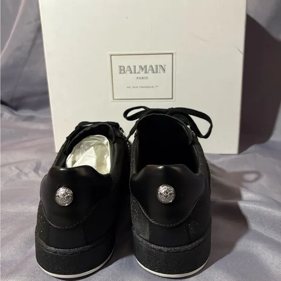 Balmain Black Leather and SequinsLace Up Sneakers Size 41