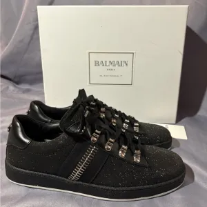 Balmain Black Leather and SequinsLace Up Sneakers Size 41