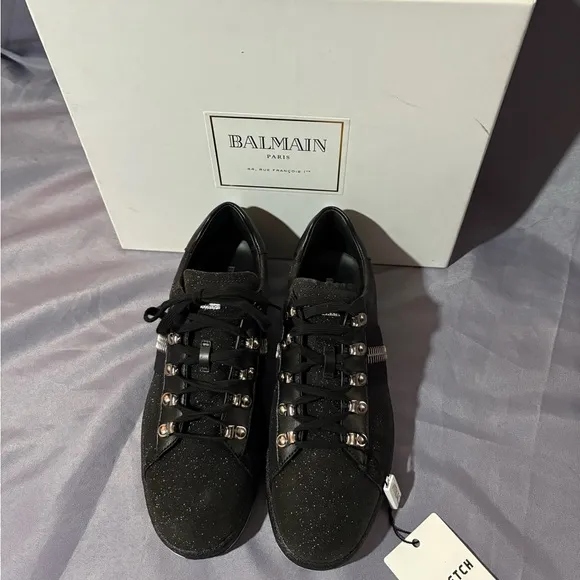 Balmain Black Leather and SequinsLace Up Sneakers Size 41
