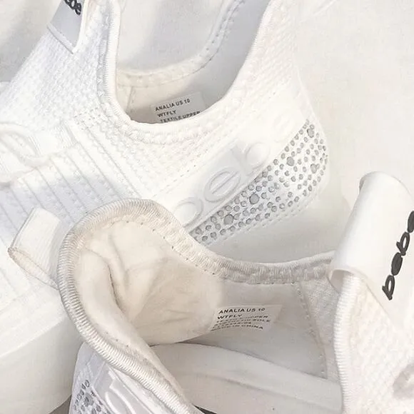 bebe Sneakers ANALIA Sz 10 Crystals WHITE Rhinestones Embellished Luxe Fancy New
