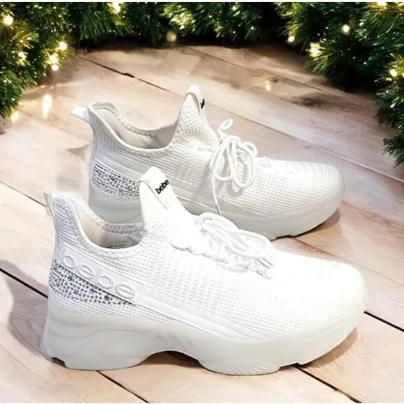 bebe Sneakers ANALIA Sz 10 Crystals WHITE Rhinestones Embellished Luxe Fancy New