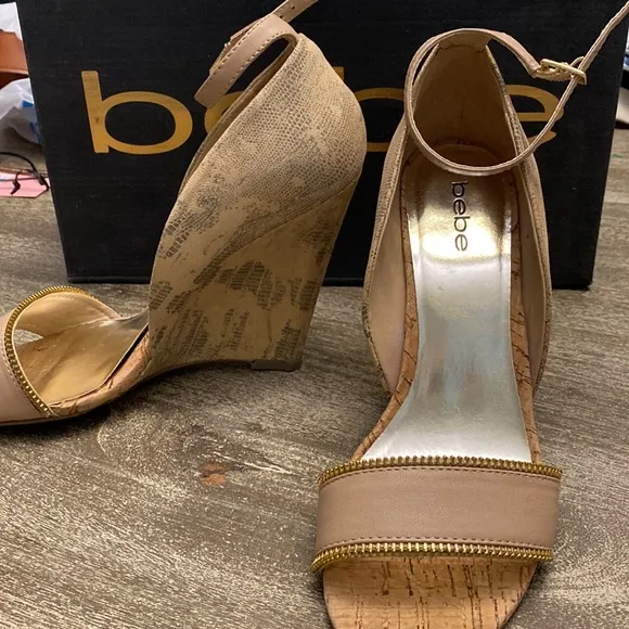 BEBE Sylvana Beige Gold LEATHER Wedge