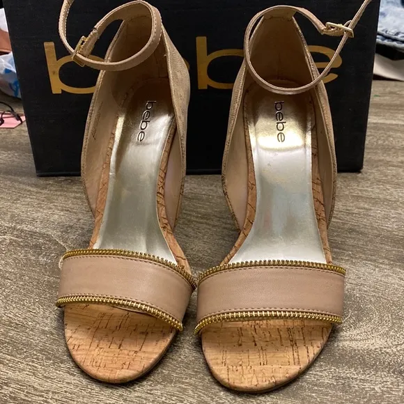 BEBE Sylvana Beige Gold LEATHER Wedge