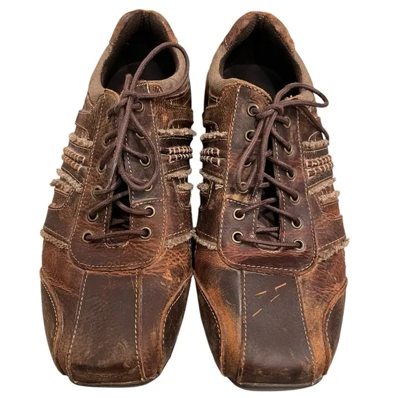 Bed Stu Y2K Brown Distressed Leather Square Toe Lace Up Loafers Men’s Size 10.5