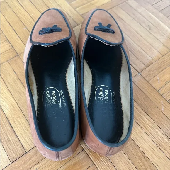 Belgian Shoes Midinette In Tobacco Brown Suede With Black Leather Trim  6.5