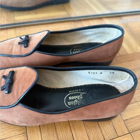 Belgian Shoes Midinette In Tobacco Brown Suede With Black Leather Trim  6.5