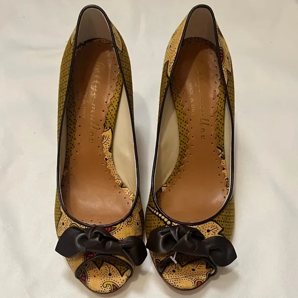 BETTYE MULLER Artifact Italy, Bow Paisley Canvas Leather Peep-Toe Pumps 37.5.