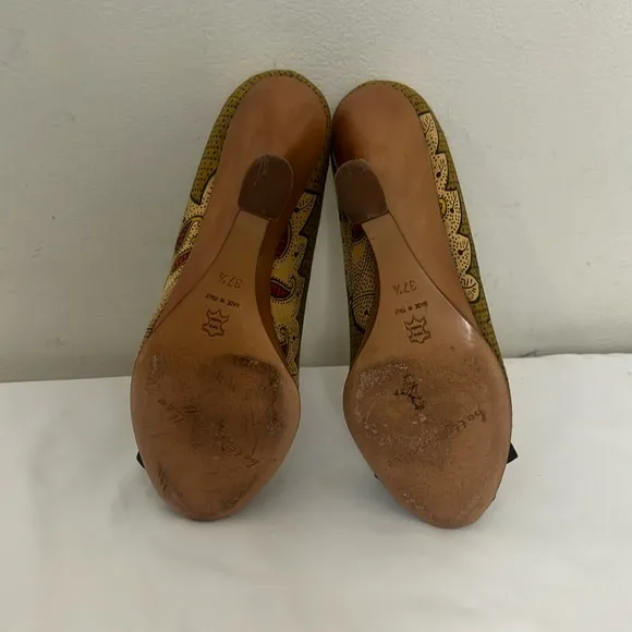 BETTYE MULLER Artifact Italy, Bow Paisley Canvas Leather Peep-Toe Pumps 37.5.