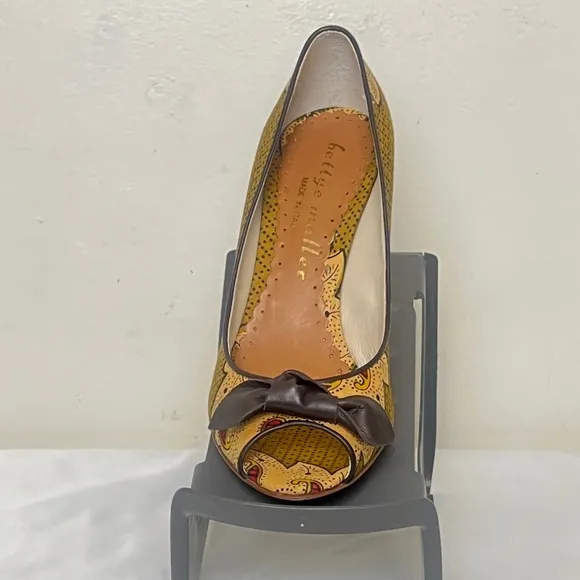 BETTYE MULLER Artifact Italy, Bow Paisley Canvas Leather Peep-Toe Pumps 37.5.