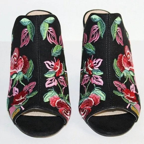 Black Floral Esther Heeled Slide Mule Shoes 7.5