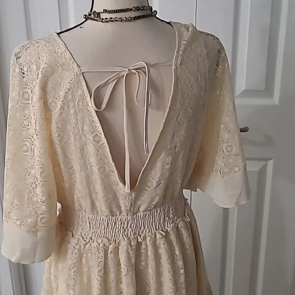 Boho Romantic Lace Overlay Angel Sleeve Mini Dress Lt Blue sz S