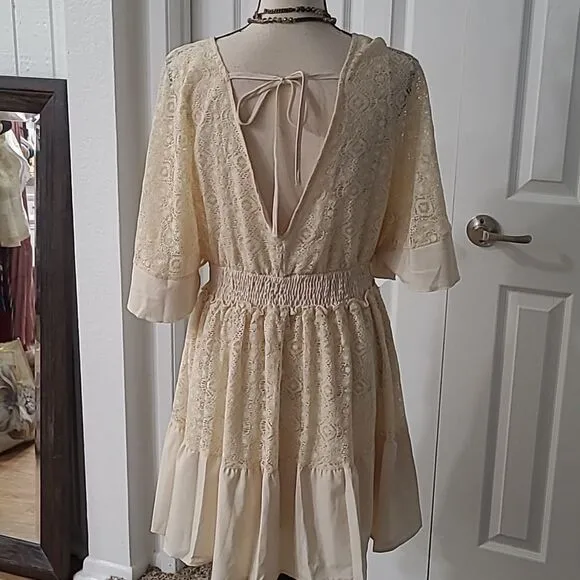 Boho Romantic Lace Overlay Angel Sleeve Mini Dress Lt Blue sz S