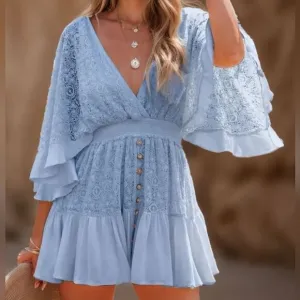Boho Romantic Lace Overlay Angel Sleeve Mini Dress Lt Blue sz S