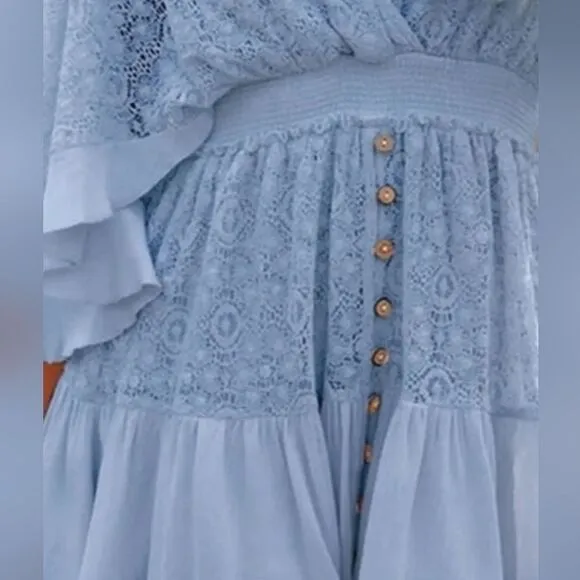 Boho Romantic Lace Overlay Angel Sleeve Mini Dress Lt Blue sz S