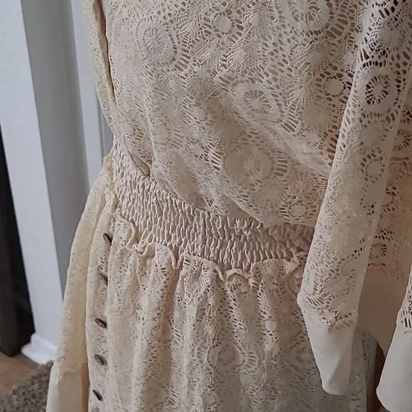 Boho Romantic Lace Overlay Angel Sleeve Mini Dress Lt Blue sz S