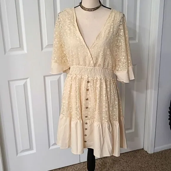 Boho Romantic Lace Overlay Angel Sleeve Mini Dress Lt Blue sz S