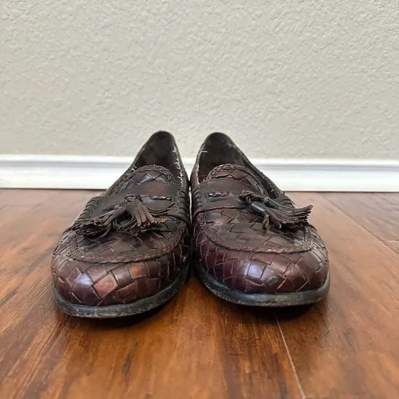 BRAGANO Tasseled Woven Loafers Dress Shoes Burgundy Leather ITALIAN