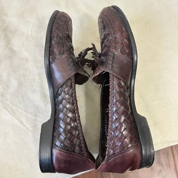 BRAGANO Tasseled Woven Loafers Dress Shoes Burgundy Leather ITALIAN