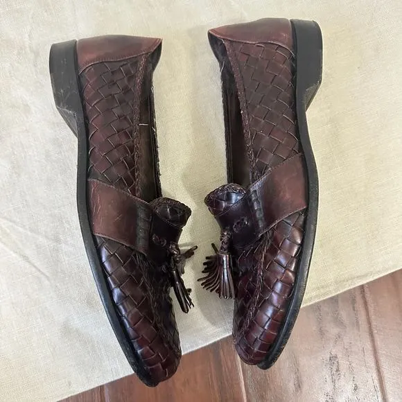 BRAGANO Tasseled Woven Loafers Dress Shoes Burgundy Leather ITALIAN