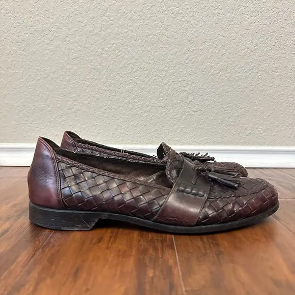 BRAGANO Tasseled Woven Loafers Dress Shoes Burgundy Leather ITALIAN