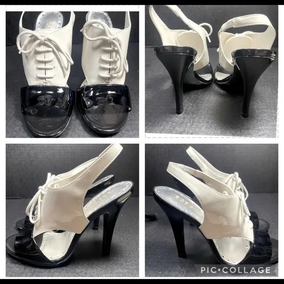 BRAND NEW NEVER WORN BCBGirls BLACK WHITE TUXEDO PATENT HEELS 4.5” 5.5M