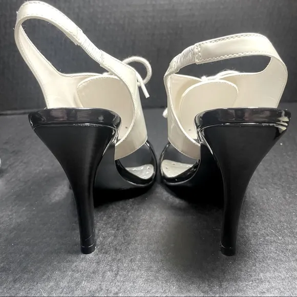 BRAND NEW NEVER WORN BCBGirls BLACK WHITE TUXEDO PATENT HEELS 4.5” 5.5M