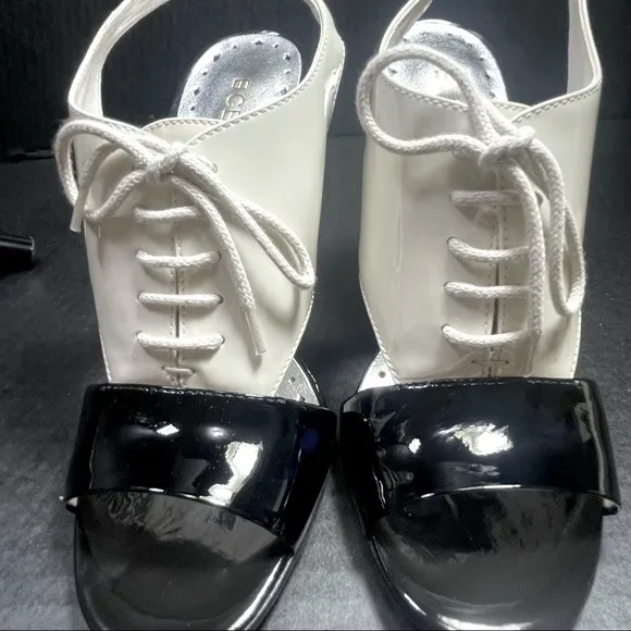 BRAND NEW NEVER WORN BCBGirls BLACK WHITE TUXEDO PATENT HEELS 4.5” 5.5M