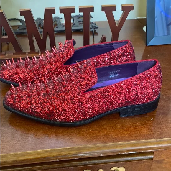 Bright Red Glitter Spiked Loafers