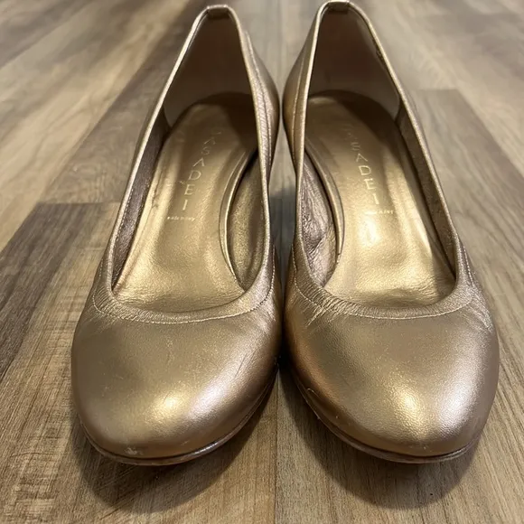 Casadei Rose Bronze Gold Bamboo Rounded Block Heels Shoes Size 8.5