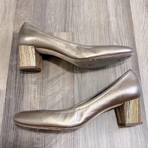 Casadei Rose Bronze Gold Bamboo Rounded Block Heels Shoes Size 8.5