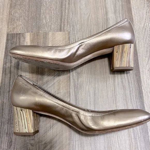 Casadei Rose Bronze Gold Bamboo Rounded Block Heels Shoes Size 8.5
