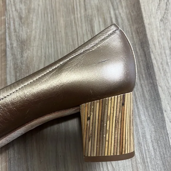 Casadei Rose Bronze Gold Bamboo Rounded Block Heels Shoes Size 8.5