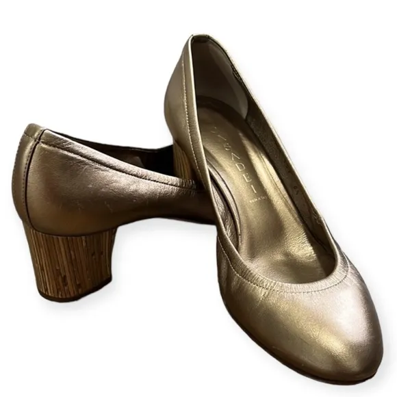 Casadei Rose Bronze Gold Bamboo Rounded Block Heels Shoes Size 8.5
