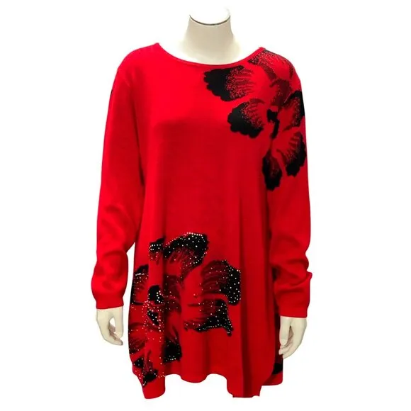 CCC Spring Pullover Stretch Loose Red Black Floral Sweater Dress Rhinestones LGE