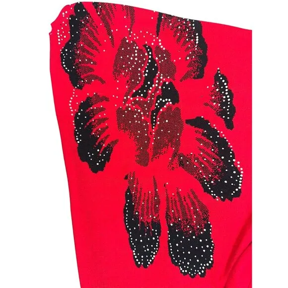CCC Spring Pullover Stretch Loose Red Black Floral Sweater Dress Rhinestones LGE