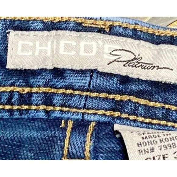 Chicos Platinum Denim Quartz M2 Mid Rise Bootcut Jeans Blue Embroidered Back Poc