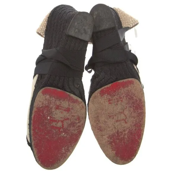CHRISTIAN LOUBOUTIN Scallop Edge Cream Black Peep Canvas Virage 100 Wedges EU 39