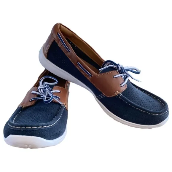 CLARKS Arbor Opal Q Boat Shoes Soft Cushion Navy Blue/brown, Women’s Size 10