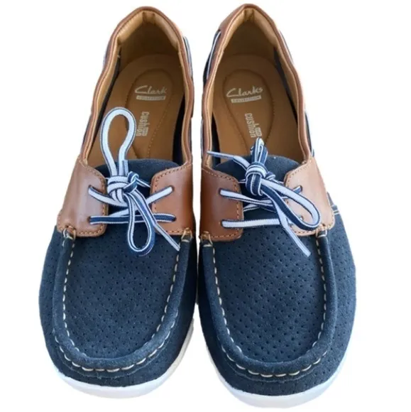 CLARKS Arbor Opal Q Boat Shoes Soft Cushion Navy Blue/brown, Women’s Size 10