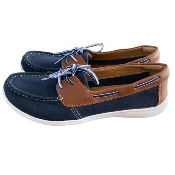 CLARKS Arbor Opal Q Boat Shoes Soft Cushion Navy Blue/brown, Women’s Size 10
