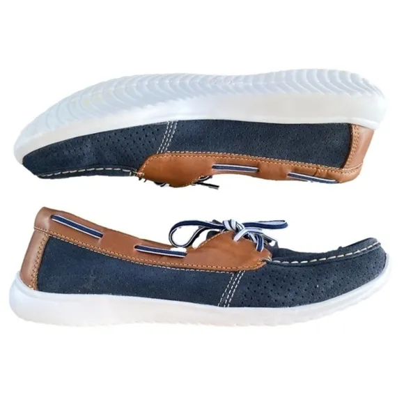 CLARKS Arbor Opal Q Boat Shoes Soft Cushion Navy Blue/brown, Women’s Size 10