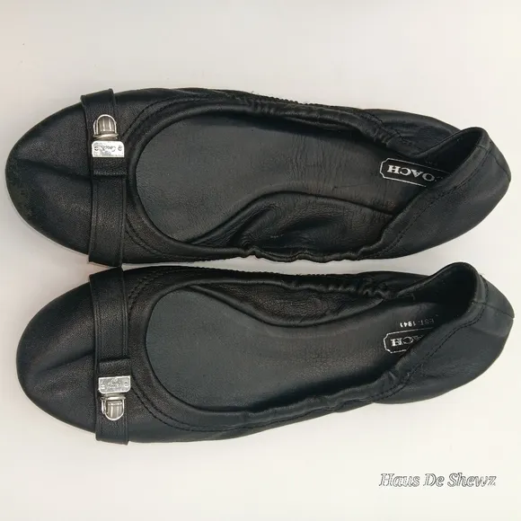 COACH &quot;C&quot; Logo Canvas/Leather Ballet Flat Shoes Buckle/Strap Design Black 8.5