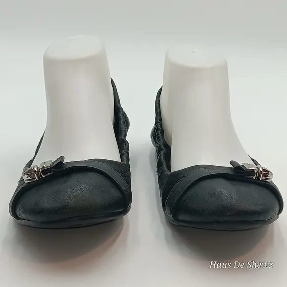 COACH &quot;C&quot; Logo Canvas/Leather Ballet Flat Shoes Buckle/Strap Design Black 8.5