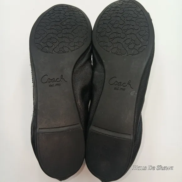 COACH &quot;C&quot; Logo Canvas/Leather Ballet Flat Shoes Buckle/Strap Design Black 8.5