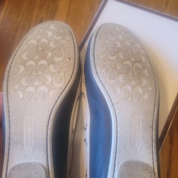 Coach Blue White Bow Tie Leather Boat Flats Loafers Drivers Shoes